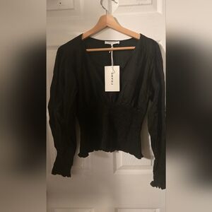 Frame Black Smocked Waist V-Neck Peasant Peplum Blouse